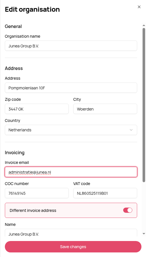 Edit organisation venster met Invoicing-sectie
